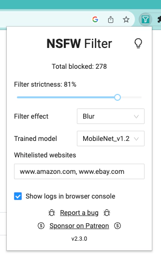 Screenshot of the new NSFW Filter popup